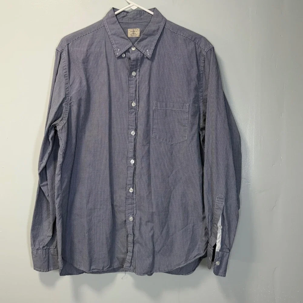 J Crew Mens Large Blue White Gingham Check Button Down Shirt Classic Office